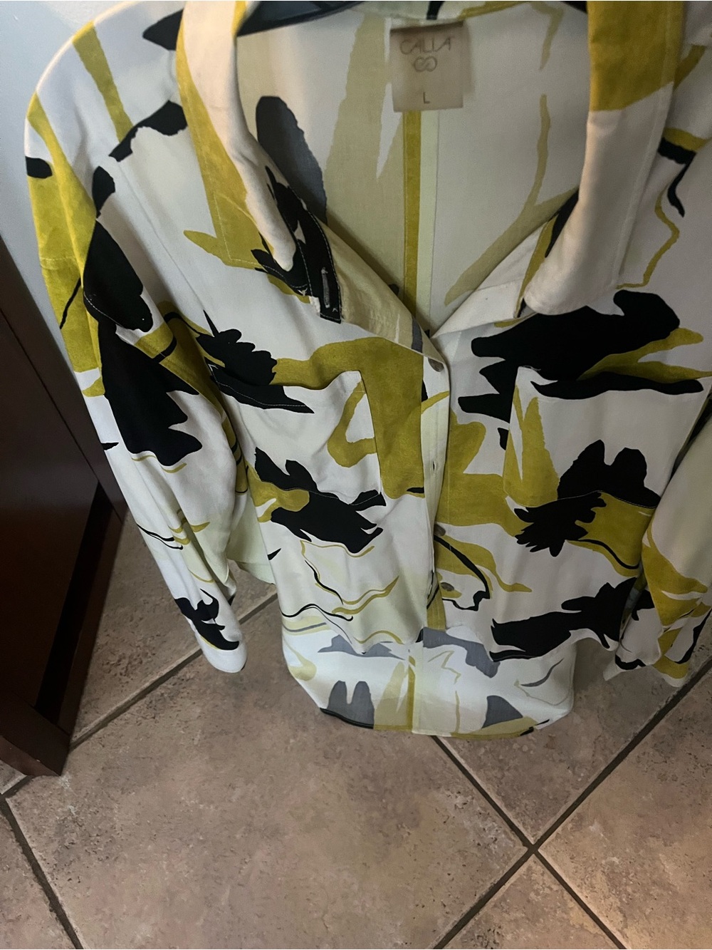 Womens Olive & Black Print Button-Down Shirt